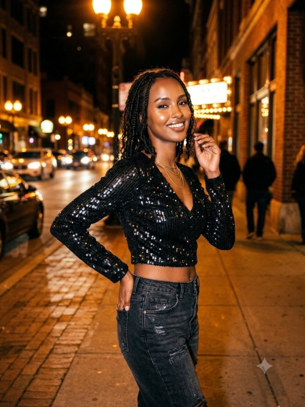 Allegra K Black Sequin V-Neck Crop Top - Picture 5 of 5